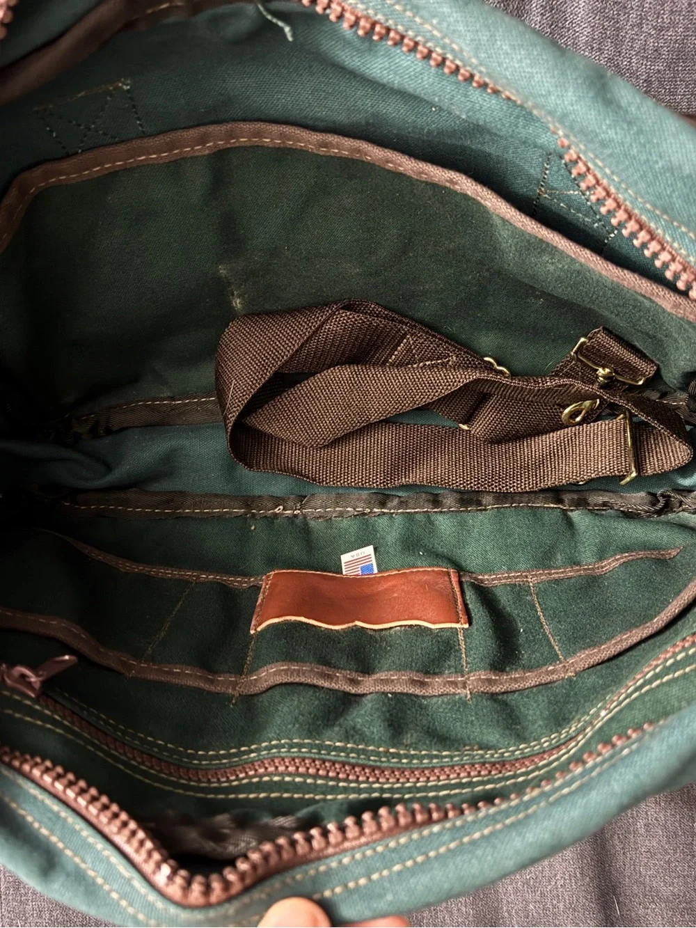 Green Duluth Pack Canvas Messenger Bag with Brown Accents